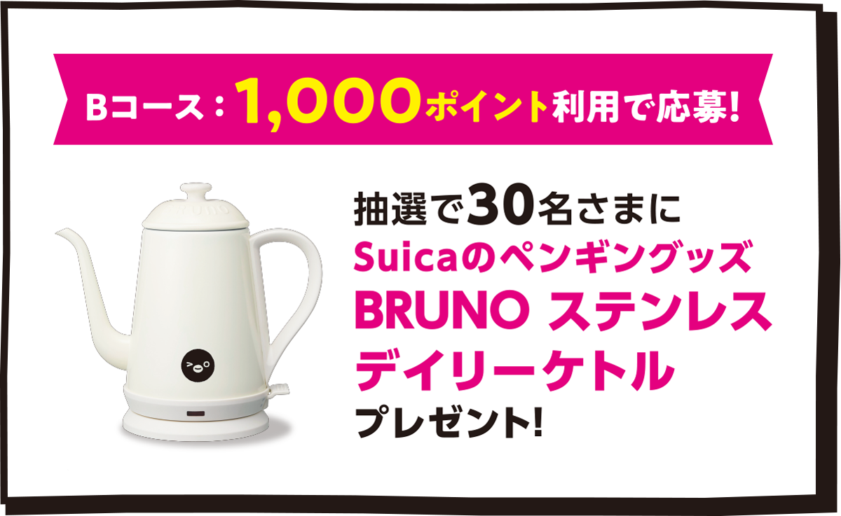 Bコース、1,000ポイント利用で応募！抽選で30名さまにSuicaのペンギングッズ BRUNO ステンレス デイリーケトル プレゼント