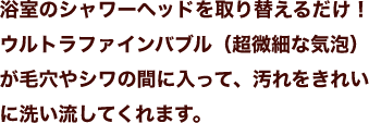 浴室のシャワーヘッドを取り替えるだけ！ウルトラファインバブル（超微細な気泡）が毛穴やシワの間に入って、汚れをきれいに洗い流してくれます。