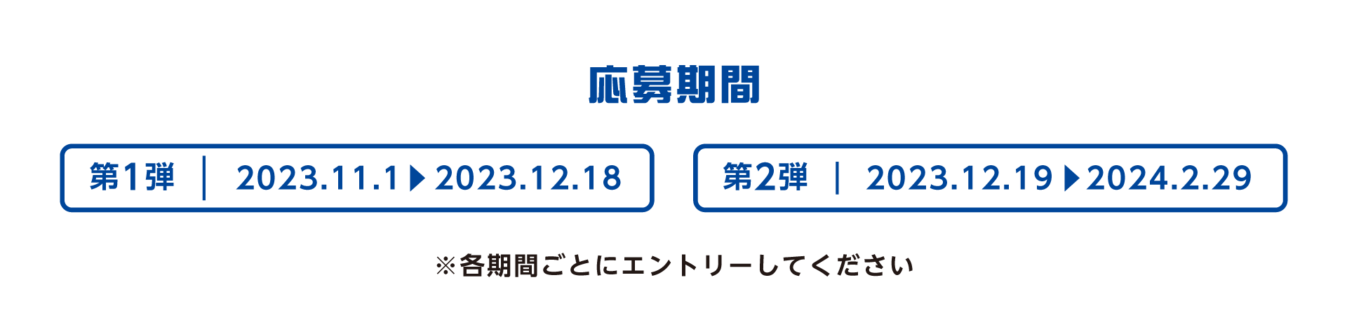 応募期間 第1弾：2023年11月1日（水）～2023年12月18日（月）	第2弾：2023年12月19日（火）～2024年2月29日（木） 各期間ごとにエントリーしてください