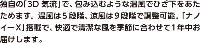 独自の「3D気流」で、包み込むような温風でひざ下をあたためます。温風は5段階、涼風は9段階で調整可能。「ナノイーX」搭載で、快適で清潔な風を季節に合わせて1年中お届けします。