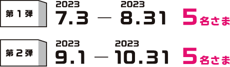 第1弾 2023.7.3-2023.8.31 5名さま　第2弾 2023.9.1-2023.10.31 5名さま