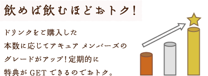 飲めば飲むほどおトク！ドリンクをご購入した本数に応じてアキュア メンバーズのグレードがアップ！定期的に特典がGETできるのでおトク。