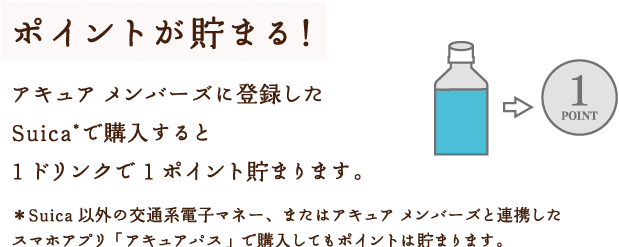 ポイントが貯まる！アキュア メンバーズに登録したSuica*で購入すると1ドリンクで1ポイント貯まります。＊Suica以外の交通系電子マネー、またはアキュア メンバーズと連携したスマホアプリ「アキュアパス」で購入してもポイントは貯まります。