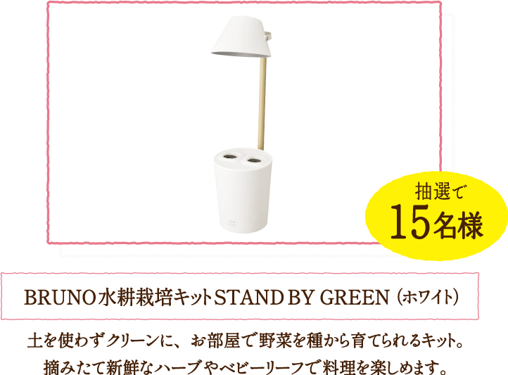 抽選で15名様 BRUNO 水耕栽培キットSTAND BY GREEN（ホワイト） 土を使わずクリーンに、お部屋で野菜を種から育てられるキット。摘みたて新鮮なハーブやベビーリーフで料理を楽しめます。