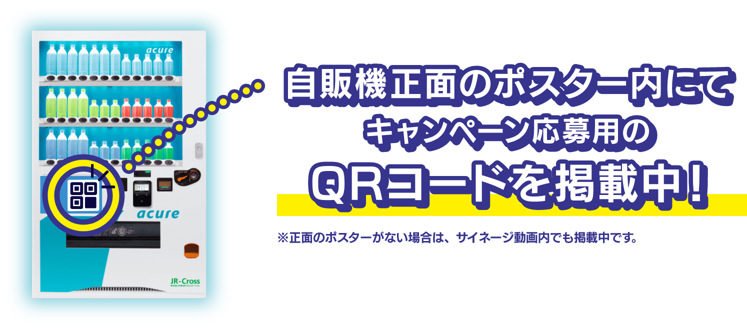自販機正面のポスター内にてキャンペーン応募用のQRコードを掲載中！ ※正面のポスターがない場合は、サイネージ動画内でも掲載中です。