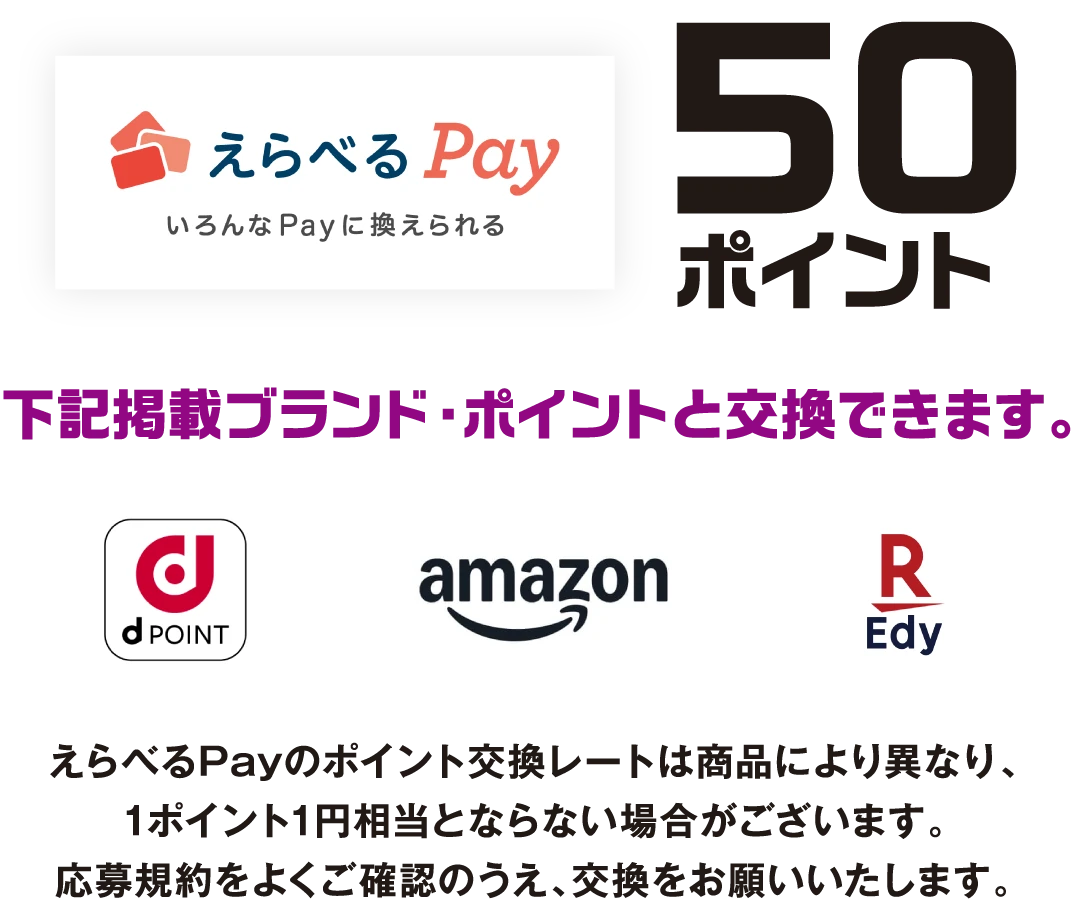 えらべるPay いろんなPayに換えられる 50ポイント 下記掲載ブランド・ポイントと交換できます。 dポイント、amazon、楽天Edy。えらべるPayのポイント交換レートは商品により異なり、1ポイント1円相当とならない場合がございます。応募規約をよくご確認のうえ、交換をお願いいたします。
                    