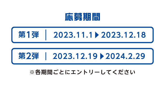 応募期間 第1弾:2023年11月1日(水)~2023年12月18日(月) 第2弾:2023年12月19日(火)~2024年2月29日(木) 各期間ごとにエントリーしてください