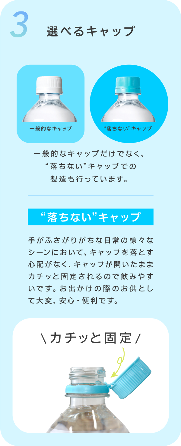3.選べるキャップ 一般的なキャップだけでなく、“落ちない”キャップでの製造も行っています。“落ちない”キャップ 手がふさがりがちな日常の様々なシーンにおいて、キャップを落とす心配がなく、キャップが開いたままカチッと固定されるので飲みやすいです。お出かけの際のお供として大変、安心・便利です。