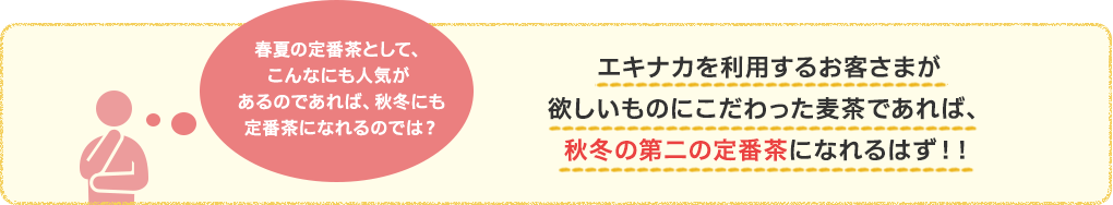 春夏の定番茶として、こんなにも人気があるのであれば、秋冬にも定番茶になれるのでは？ エキナカを利用するお客さまが欲しいものにこだわった麦茶であれば、秋冬の第二の定番茶になれるはず！！