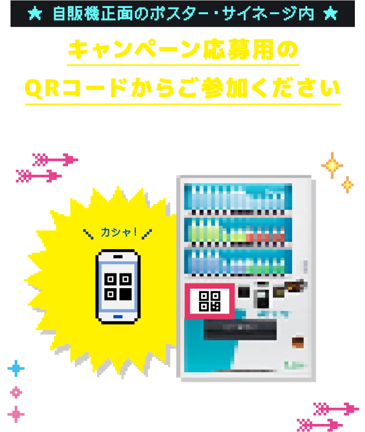 自販機正面のポスター・サイネージ内 キャンペーン応募用のQRコードからご参加ください