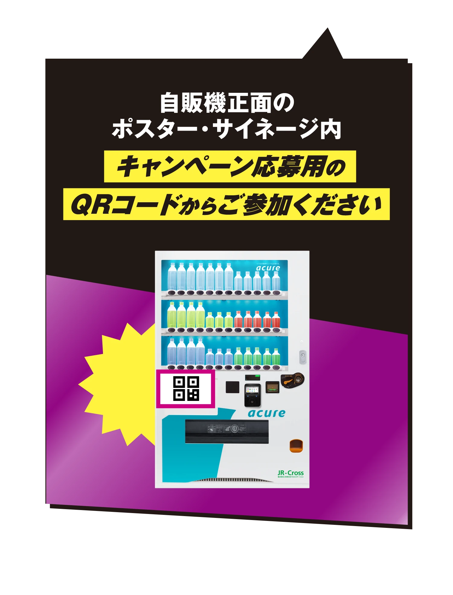 自販機正面のポスター・サイネージ内 キャンペーン応募用のQRコードからご参加ください