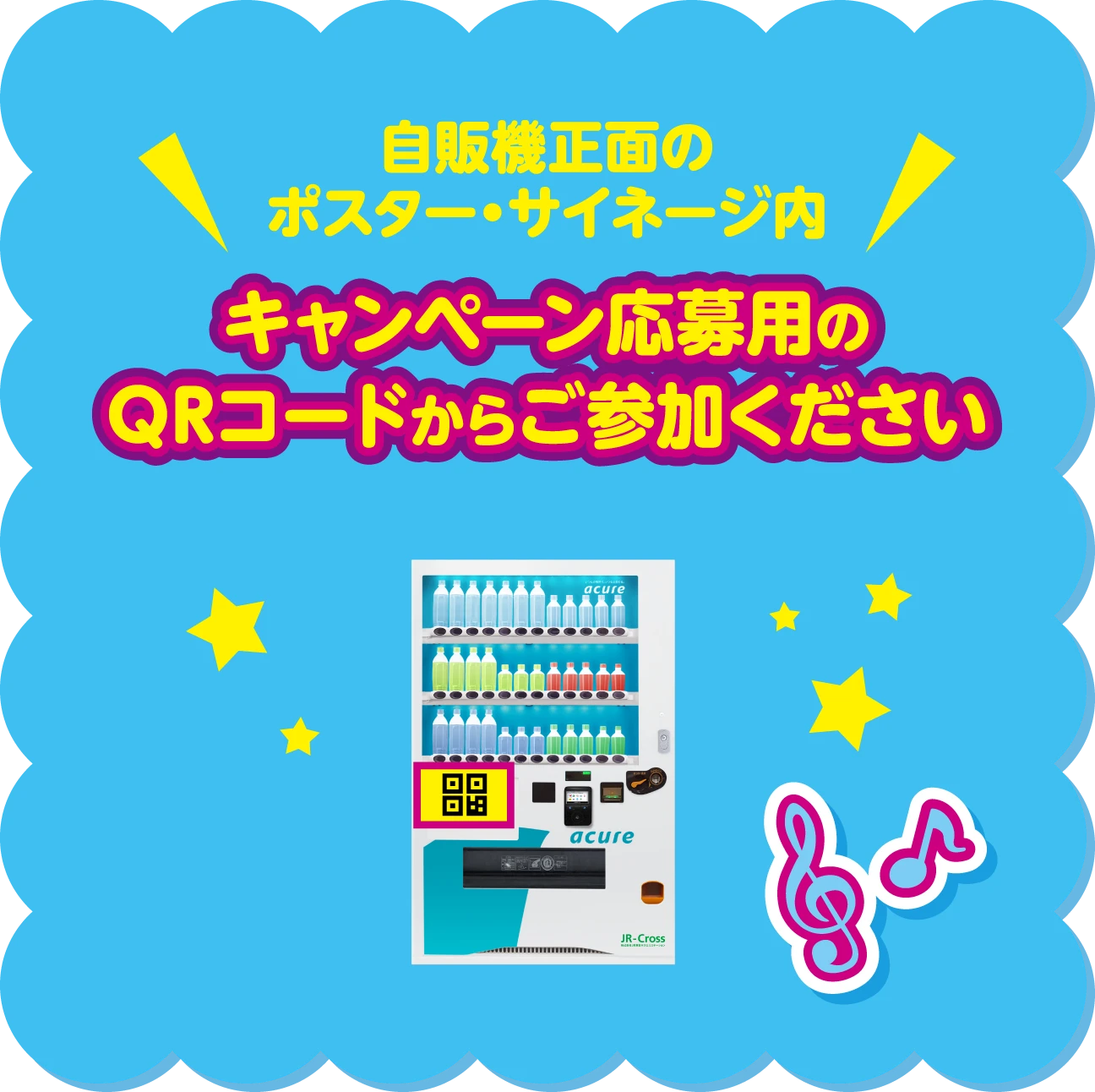 自販機正面のポスター・サイネージ内 キャンペーン応募用のQRコードからご参加ください