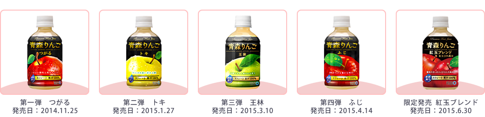 第一弾　つがる発売日：2014.11.25、第二弾　トキ発売日：2015.1.27、第三弾　王林発売日：2015.3.10、第四弾　ふじ発売日:2015.4.14、限定発売　紅玉ブレンド発売日:2015.6.30